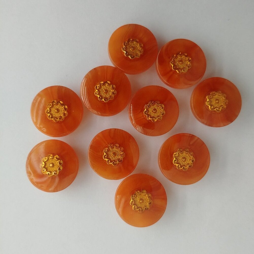 4/$20 Orange marbled buttons with gold floral detail matching set of 10